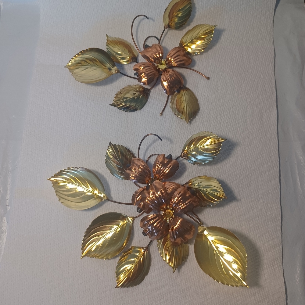 Vintage Pair Brass & Copper Finished Metal Wall Sculptures of Dogwood Flowers